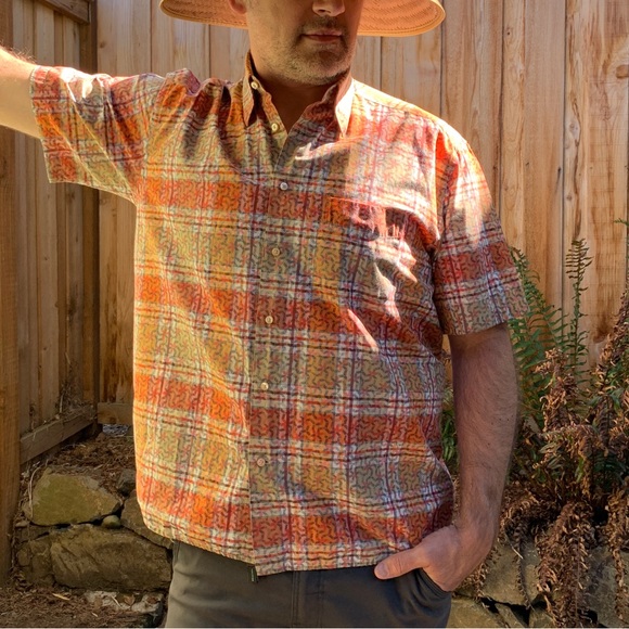 Orange check plaid geometric design short sleeve shirt by Tuttle Sportswear - Picture 5 of 16